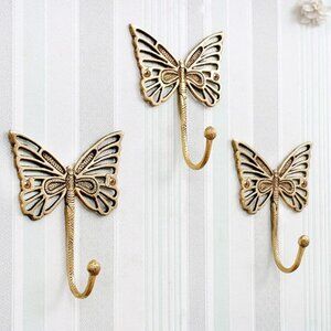 Gold Brass Butterfly Wall Hooks 3pc Set Vintage Hooks for Hanging